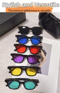 Detailed view of colorful square sunglasses in various lens colors on a fashion magazine