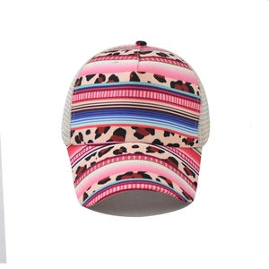 Women's ponytail baseball cap with pink blue stripes and leopard print mesh back
