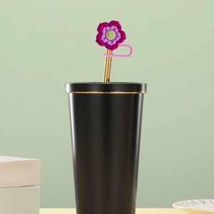 Cute purple flower silicone straw cover cap for stainless steel tumbler drinking straws