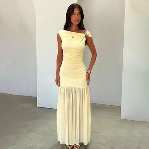 Robe Maxi Asymétrique À Fronces Patchwork En Maille Sans Manches Coupe Ajustée Sirène Soirée Pour Femmes Élégante