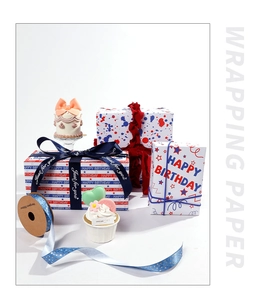 Detail of Happy Birthday gift wrapping paper with star and dot patterns and ribbon bows