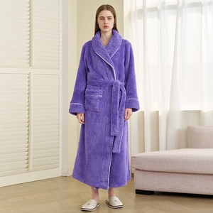 Thickened Coral Fleece Robe Women Long Warm Flannel Bathrobe Shawl Collar Tie Waist Contrast Piping Sleepwear Housecoat