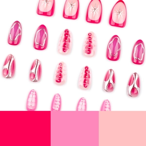 Faux ongles amande Y2K avec perles 3D, chrome argenté et dégradé de rose élégant