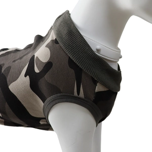 Close-up of camouflage dog recovery suit showing ribbed neckline and cotton fabric texture