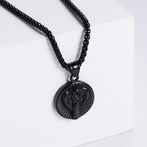 Oval snake head stainless steel pendant necklace with black matte finish on a bead chain