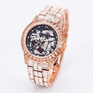 Luxury rose gold fully iced-out automatic skeleton mechanical watch with diamond detailing