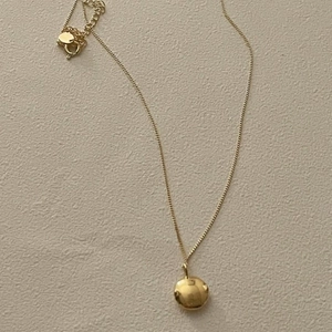 Detailed view of a gold-plated round pendant necklace with a polished mirror finish