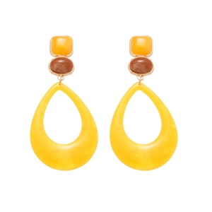 Minimalist resin drop earrings featuring geometric yellow and brown dangling charms