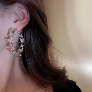 Luxe silver butterfly hoop earrings with sparkling rhinestones worn by a model