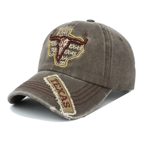 Vintage washed baseball cap with Texas longhorn embroidery and distressed patch detail
