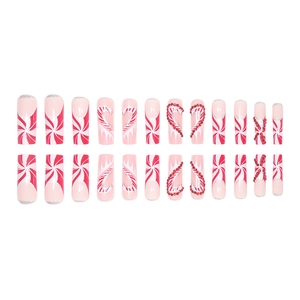 24pcs long press on nails with pink Christmas candy and heart patterns with glitter