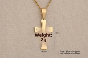 Detailed macro view of double-layer gold stainless steel cross pendant with dimensions
