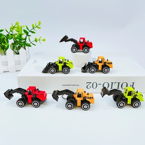 Mini alloy engineering vehicle keychains in vibrant colors displayed on a white surface