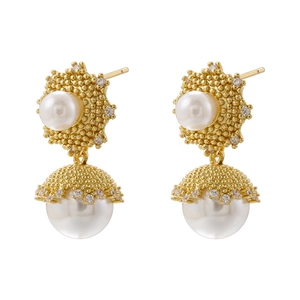 Elegant U-shaped gold plated copper pearl drop earrings with crystal pavé details