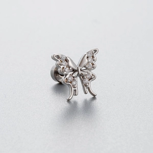 Silver butterfly helix stud earring in titanium steel with sparkling zircon butterfly wings