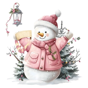 Cute snowman wall sticker for Christmas decor with pink jacket and vintage street lamp
