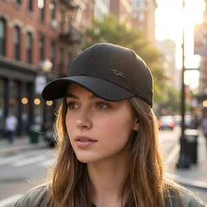 Men's black casual baseball cap with textured fabric and metal logo in sunset lighting