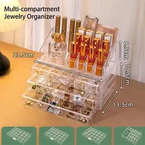 3-layer clear acrylic jewelry organizer box with 72 compartments and lipstick top rack