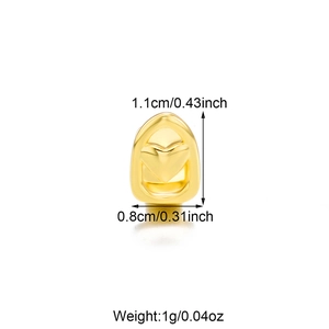 Single gold heart grillz tooth jewelry showing dimensions 1.1x0.8cm and 1g weight detail