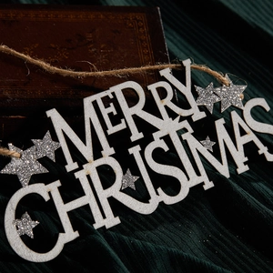 Silver Merry Christmas wooden sign with glitter stars and hanging rope decoration