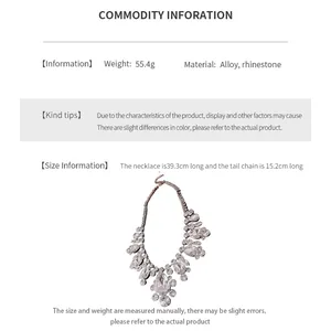 Size chart for rhinestone waterdrop necklace with dimensions in alloy and silver finish