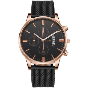 Detail of Geneva chronograph watch with rose gold case, date display and textured strap