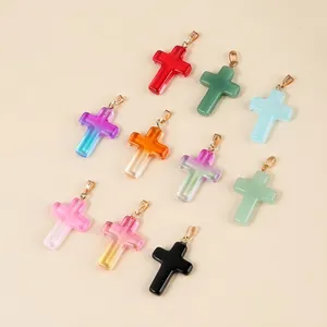 Glass Cross Pendant Polished Religious Charm DIY Necklace Jewelry Making Accessory Colorful Gradient