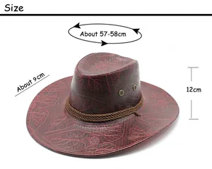 Size guide for dark brown western hat with 9cm brim and embossed leaf texture