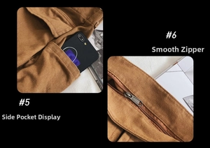 Detail of canvas bag side pocket with smartphone and smooth metal zipper closure