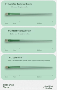 Detailed view of mint green makeup brushes including eyebrow and lip brush with measurements