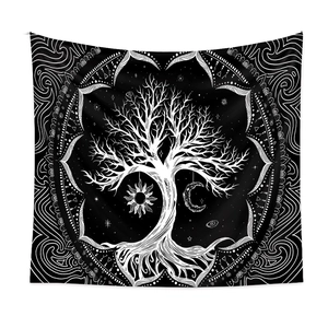 Detailed view of Tree of Life tapestry featuring celestial sun, moon and mandala art