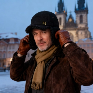 Men's winter wool baseball cap with warm ear flaps and fleece lining in black