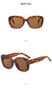 Front and side view of square demi-tea jelly color sunglasses with a retro tortoiseshell frame