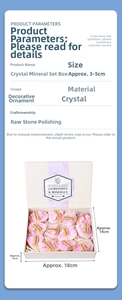 Close-up of pink rose quartz raw stones with labels in a science education specimen box