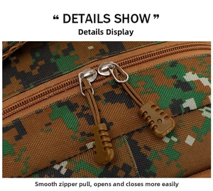 Detail showing smooth dual zippers with tan pull cords on digital camouflage backpack