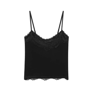 Ärmelloses schwarzes Strick-Unterhemd mit zarter Spitze und elegantem V-Ausschnitt