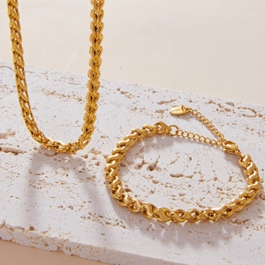 Gold braided wheat chain necklace and bracelet set in polished stainless steel