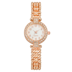 Fashion Rhinestone Women Wristwatch Elegant Round Dial Arabic Numerals Alloy Case Metal Bead Strap Quartz Movement