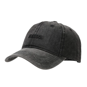 Vintage washed charcoal cotton baseball cap featuring 3D HELLO embroidery for men and women
