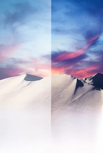 Detail of UV protection and anti-glare lenses showing polarized effect on snow mountains