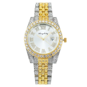 Luxury gold and silver two-tone quartz watch for women featuring crystals and calendar