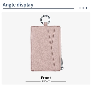 Front angle display of a pink lychee pattern leather wallet with card slots and silver ring