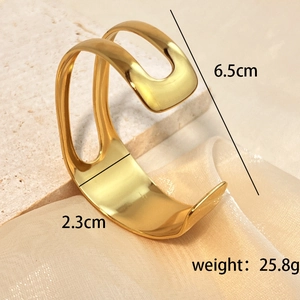 Polished minimalist open gold-plated stainless steel wide cuff bracelet for women