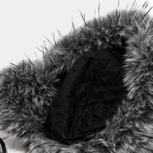 Winter thermal trapper hat featuring black quilted lining and fluffy grey faux fur trim