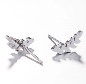 Polished stainless steel leaf-shaped stud earrings in a minimalist silver-tone design