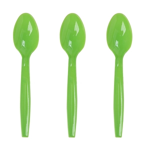 Three bright green disposable plastic party spoons for dinosaur themed kids birthday events