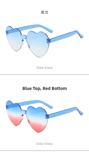 Side view of heart-shaped rimless sunglasses in gradient blue and red-blue tones