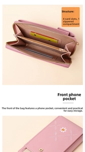 Detail view of pink crossbody phone bag showing internal card slots and floral embroidery.
