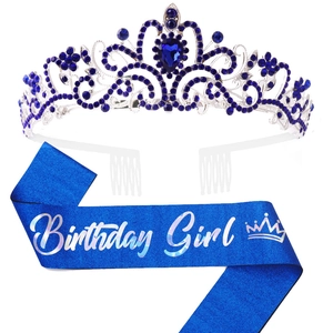 Detail of royal blue Birthday Girl sash with silver crown featuring blue rhinestones