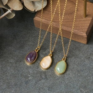Natural Gemstone Pendant Necklace For Women 18K Gold Plated Titanium Steel Irregular Water Drop Aventurine Amethyst Jewelry
